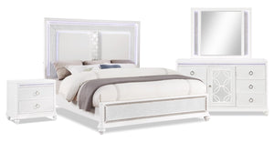 Ava 6pc Bedroom Set with Bed, Dresser, Mirror & Nightstand, LED, Glam, White - King Size