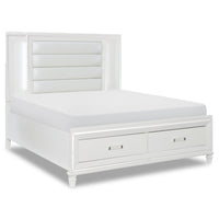 Max Platform Storage Bed with Headboard & Frame, LED, Vegan Leather, Glam, White - Queen Size 