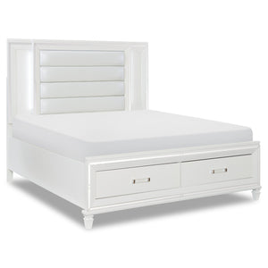 Max Platform Storage Bed with Headboard & Frame, LED, Vegan Leather, Glam, White - Queen Size