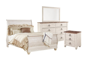 Willowton 6pc Bedroom Set with Sleigh Bed, Dresser, Mirror & Nightstand, Whitewash - Queen Size