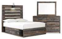 Abby 5pc Bedroom Set with Side Storage Bed, Dresser & Mirror, LED, USB, Brown - Full Size 