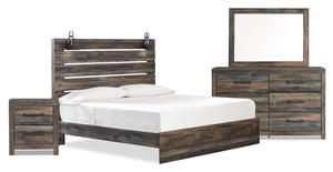 Abby 6pc Bedroom Set with Panel Bed, Dresser, Mirror & Nightstand, LED, USB, Brown - King Size