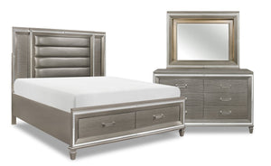 Max 5pc Bedroom Set with Storage Bed, Dresser & Mirror, LED, Glam, Silver - King Size