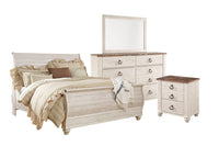 Willowton 6pc Bedroom Set with Sleigh Bed, Dresser, Mirror & Nightstand, Whitewash - King Size 