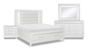 Max 6pc Bedroom Set with Storage Bed, Dresser, Mirror & Nightstand, LED, Glam, White - Queen Size