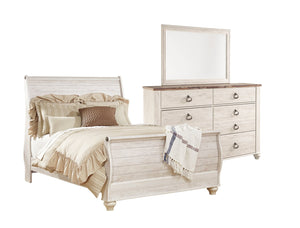 Willowton 5pc Bedroom Set with Sleigh Bed, Dresser & Mirror, Whitewash - Queen Size